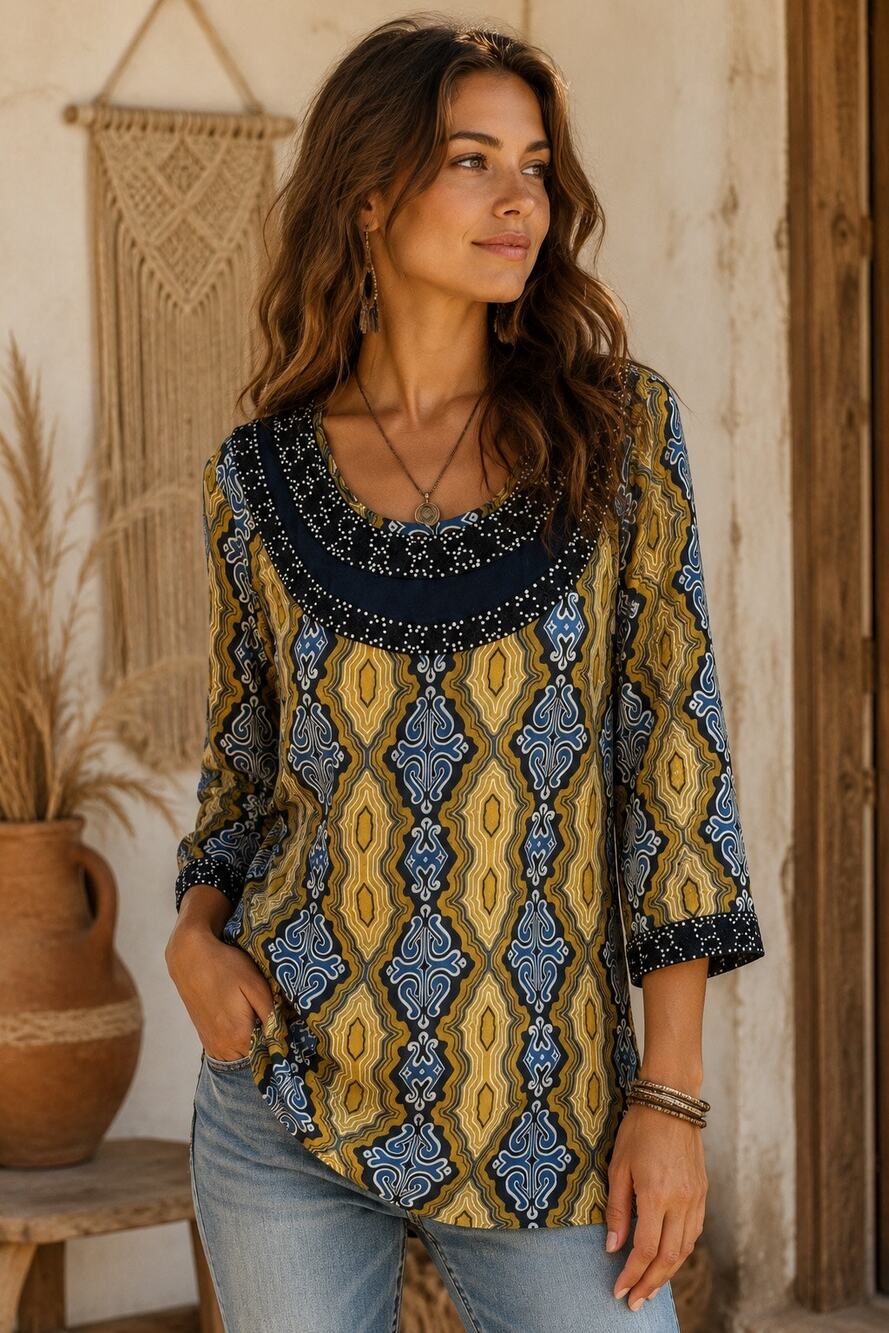 Tory Burch Odie Embellished Tunic Blouse Geometric Print Beaded Boho Size 10